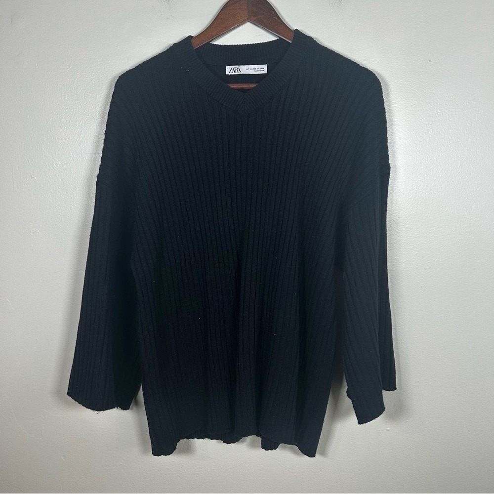 ZARA Black Ribbed Knit V Neck Long‎ Sleeve Sweater Top Womens XS S
